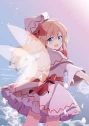 Rule 34 | 1girl, absurdres, aqua eyes, blonde hair, bow, capelet, cherry blossoms, cloud, dress, fairy wings, floating hair, fujishiro emyu, hat, highres, lily white, long hair, long sleeves, looking at viewer, outstretched arms, sky, smile, solo, touhou, transparent wings, white capelet, white dress, white hat, wind, wings
