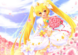 Rule 34 | 10s, 1girl, bad id, bad pixiv id, blonde hair, blush, bouquet, bow, brooch, choker, cure sunshine, cure sunshine (super silhouette), dress, flower, heart, heart brooch, heartcatch precure!, jewelry, magical girl, midriff, myoudouin itsuki, navel, petals, precure, ringo yuyu, solo, twintails, yellow bow, yellow eyes