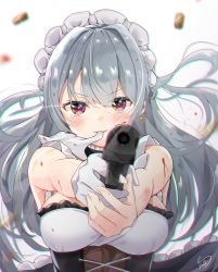 Rule 34 | &gt;:), 1girl, aiming, aiming at viewer, bad id, bad pixiv id, bare shoulders, black skirt, blood, blood on clothes, blood on face, blush, breasts, casing ejection, chromatic aberration, earrings, frilled skirt, frills, gloves, grey hair, gun, handgun, high-waist skirt, highres, jewelry, kurorakudaaa, large breasts, long hair, maid, mouth hold, original, red eyes, shell casing, signature, single glove, skirt, solo, underbust, very long hair, weapon, white gloves, wind, wind lift