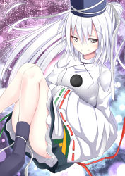 Rule 34 | 1girl, black eyes, doyagao, eyes visible through hair, fang, fang out, hair between eyes, hands in opposite sleeves, highres, japanese clothes, long hair, mononobe no futo, ponytail, smug, solo, sukage, thighs, touhou, very long hair, white hair, wide sleeves