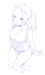 Rule 34 | 1girl, absurdres, bra, breasts, closed mouth, enkyo yuuichirou, highres, large breasts, looking at viewer, monochrome, original, panties, pointy ears, purple theme, simple background, sitting, solo, twintails, underwear, wading, white background