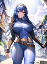 Rule 34 | 1girl, ai-assisted, alternate breast size, arm guards, artist name, aztodio, belt, blue eyes, blue hair, blue leotard, blue pantyhose, breasts, brown belt, chihunhentai, cloud, commentary, cowboy shot, english commentary, fire emblem, fire emblem awakening, hair between eyes, leotard, long hair, looking at viewer, lucina (fire emblem), medium breasts, nintendo, outdoors, pantyhose, parted lips, sky, solo, tiara