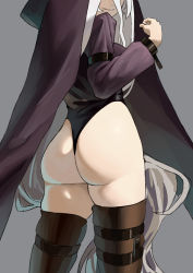 Rule 34 | 1girl, absurdres, arknights, artist request, ass, breasts, cloak, from behind, highres, hood, hooded cloak, huge ass, large breasts, leotard, long hair, looking at viewer, looking down, parted lips, sideboob, smile, solo, specter (arknights), thick thighs, thighhighs, thighs, thong leotard, white hair