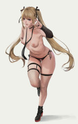 Rule 34 | 1girl, black choker, black footwear, black nails, black necktie, black panties, black ribbon, blonde hair, blue eyes, breasts, choker, commentary request, dead or alive, dead or alive 5, detached sleeves, fishnet thighhighs, fishnets, full body, hair ornament, hair ribbon, high heels, highres, jeneral, long hair, looking at viewer, marie rose, nail polish, necktie, nipples, panties, pearl thong, ribbon, shoes, side-tie panties, simple background, small breasts, solo, standing, standing on one leg, thigh strap, thighhighs, topless, twintails, underwear, underwear only, w, white background, x hair ornament