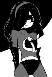 Rule 34 | 1girl, disney, domino mask, dowman sayman, hair over one eye, mask, monochrome, superhero costume, the incredibles, violet parr