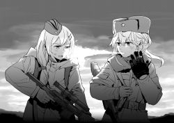 Rule 34 | 2girls, ak-47, ak-47 (girls&#039; frontline), anger vein, assault rifle, belt, blowing smoke, buttoned cuffs, buttons, cigarette, collared jacket, commentary request, dragunov svd, forced to smoke, fur hat, girls&#039; frontline, gloves, greyscale, gun, gun sling, hair between eyes, hair ornament, hairclip, hat, holding, holding gun, holding weapon, jacket, kalashnikov rifle, long hair, messy hair, military, military jacket, military uniform, military vehicle, monochrome, multiple girls, mush, rifle, scope, single glove, smile, smoke, smoking, sniper rifle, star (symbol), svd (girls&#039; frontline), trigger discipline, twintails, uniform, ushanka, weapon, winter clothes