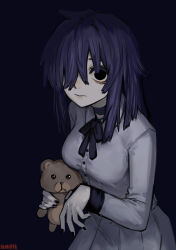 1girl absurdres black_background black_eyes black_nails blue_hair bow breasts choker commentary_request creepy_mita_(miside) dress hair_over_one_eye highres long_hair long_sleeves looking_at_viewer medium_breasts miside no_pupils simple_background solo stuffed_animal stuffed_toy tangcujisui teddy_bear translation_request white_dress