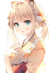 Rule 34 | 1girl, animal ear fluff, animal ears, anju (mocomocousagi), backlighting, blonde hair, blush, brown hair, brown kimono, commentary request, green eyes, hand up, highres, hololive, japanese clothes, kazama iroha, kimono, long hair, looking at viewer, obi, parted lips, sash, short sleeves, simple background, smile, solo, striped, twintails, upper body, virtual youtuber, white background