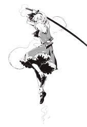 Rule 34 | 1girl, black hairband, black ribbon, chinese commentary, commentary request, e (you33ou), full body, greyscale, hairband, highres, hitodama print, holding, holding sword, holding weapon, katana, konpaku youmu, konpaku youmu (ghost), monochrome, ribbon, shirt, shoes, short hair, short sleeves, simple background, skirt, socks, solo, sword, touhou, vest, weapon, white background, white shirt, white socks