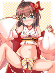 Rule 34 | 1girl, absurdres, alternate costume, alternate hairstyle, belly, blue eyes, blush, brown hair, commentary request, detached sleeves, groin, hair ribbon, highres, hololive, looking at viewer, medium hair, natsuiro matsuri, natsuiro matsuri (new year), navel, nontraditional miko, nootomo, ribbon, solo, spread legs, virtual youtuber