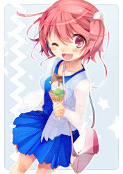 Rule 34 | 10s, 1girl, ;d, alternate costume, bad id, bad pixiv id, bag, blush, breasts, casual, chocolate, collarbone, fang, food, hair ornament, handbag, holding, i-58 (kancolle), ice cream, ice cream cone, kantai collection, looking at viewer, one eye closed, open mouth, pink eyes, pink hair, pleated skirt, salamander (hop-step), short hair, skirt, smile, solo, star-shaped pupils, star (symbol), symbol-shaped pupils, unmoving pattern