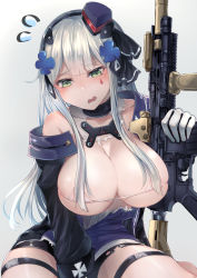 Rule 34 | 1girl, assault rifle, bare shoulders, beret, blunt bangs, blush, bra, breasts, cleavage, damaged, dress, facial mark, flying sweatdrops, girls&#039; frontline, gloves, green eyes, gun, h&amp;k hk416, hair ornament, hair ribbon, hakua mill, hat, headgear, heckler &amp; koch, highres, hk416 (girls&#039; frontline), hk416 (mod3) (girls&#039; frontline), holding, holding gun, holding weapon, jacket, large breasts, long hair, looking at viewer, micro bra, military jacket, mini hat, mod3 (girls&#039; frontline), open clothes, open jacket, purple dress, ribbon, rifle, silver hair, sitting, skindentation, skirt, solo, teardrop, tearing up, torn clothes, underwear, very long hair, weapon, white bra