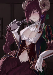 Rule 34 | 1girl, blush, bottle, braid, breasts, brooch, cleavage, closed mouth, commentary, cowboy shot, drunk, english commentary, food, fruit, fur, gloves, goat horns, grapes, hair over one eye, half-closed eyes, highres, holding, holding bottle, horns, jewelry, light smile, looking at viewer, medium breasts, monster girl, monster girl encyclopedia, navel, nose blush, pink eyes, pointy ears, puffy sleeves, red fur, red hair, satyr, satyros (monster girl encyclopedia), short hair, side braid, single braid, solo, tail, white gloves, wing collar, zakirsiz