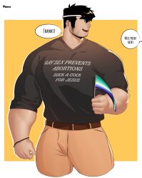 Rule 34 | 1boy, bara, beard stubble, black hair, cropped legs, dick shirt (meme), facial hair, flag, highres, hiro (tacco), holding, holding flag, large pectorals, lgbt pride, long sideburns, looking to the side, male focus, meme, muscular, muscular male, mustache stubble, original, pectorals, pride month, short hair, sideburns, smile, solo, stubble, tacco (el tacc0), thick eyebrows