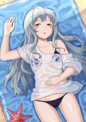 Rule 34 | 1girl, :o, arm up, beach, bikini, blue bikini, blush stickers, collarbone, cowboy shot, day, from above, g11 (girls&#039; frontline), girls&#039; frontline, green eyes, grey hair, half-closed eyes, hand on own stomach, highres, long hair, looking at viewer, lying, navel, off-shoulder shirt, off shoulder, on back, open mouth, outdoors, sand, see-through, shirt, shooene, solo, starfish, swimsuit, towel