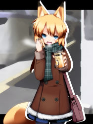 Rule 34 | 1girl, animal ears, bag, black pantyhose, blonde hair, blue eyes, breath, buttons, can, coat, drink can, fang, flat chest, fox ears, fox tail, highres, inada (masu shu), looking at viewer, masu shu, original, outstretched hand, pantyhose, plaid, plaid scarf, satchel, scarf, skirt, smile, soda can, solo, tail, winter clothes