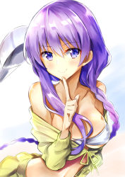 Rule 34 | 1girl, absurdres, bare shoulders, baseball cap, bb (fate), bb (fate) (all), bb (swimsuit mooncancer) (fate), bb (swimsuit mooncancer) (first ascension) (fate), bikini, bikini top only, blush, braid, breasts, closed mouth, collarbone, commentary request, fate/grand order, fate (series), finger to mouth, hair between eyes, hat, head tilt, highres, index finger raised, jacket, large breasts, long hair, nanakusa amane, off shoulder, purple eyes, purple hair, single braid, smile, solo, swimsuit, unworn hat, unworn headwear, very long hair, white bikini, white hat, yellow jacket