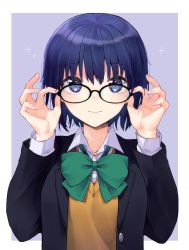 Rule 34 | 1girl, adjusting eyewear, black-framed eyewear, blue eyes, blue hair, blue jacket, blush, bow, bowtie, buttons, ciel (tsukihime), closed mouth, collared shirt, commentary request, fingernails, glasses, green bow, green bowtie, hair between eyes, highres, jacket, lips, long sleeves, looking at viewer, open clothes, open jacket, school uniform, shirt, short hair, solo, tanka kikurage, tsukihime, tsukihime (remake), upper body, vest, white shirt, yellow vest