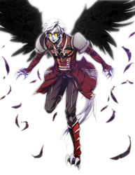 Rule 34 | 1boy, aion, armor, asmodian, black feathers, claws, feathers, full body, glasses, male focus, pauldrons, pointy ears, shoulder armor, smirk, solo, tattoo, white background, white hair, wings