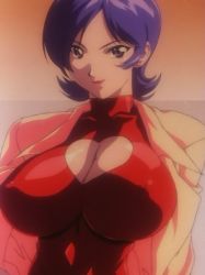 Rule 34 | breasts, cleavage, cleavage cutout, clothing cutout, heart cutout, large breasts, marine-chan a go go, revealing clothes, screencap, short hair, solo, tagme