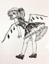 Rule 34 | 1girl, blush, bow, flandre scarlet, from behind, full body, greyscale, hat, highres, layered skirt, leaning forward, loafers, looking at viewer, looking back, mashimashi, mob cap, monochrome, open mouth, pointy ears, shoes, short sleeves, side ponytail, skirt, solo, standing, touhou