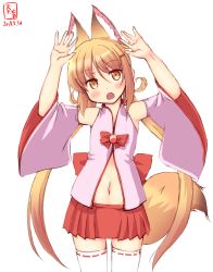 Rule 34 | 1girl, animal ear fluff, animal ears, artist logo, blonde hair, commentary request, cosplay, cowboy shot, dated, detached sleeves, fox ears, fox tail, highres, kanon (kurogane knights), kantai collection, kemomimi oukoku kokuei housou, kemonomimi mode, long hair, look-alike, looking at viewer, low twintails, mikoko (kemomimi oukoku kokuei housou), mikoko (kemomimi oukoku kokuei housou) (cosplay), navel, pleated skirt, red skirt, satsuki (kancolle), simple background, skirt, solo, tail, thighhighs, twintails, virtual youtuber, white background, white thighhighs, yellow eyes