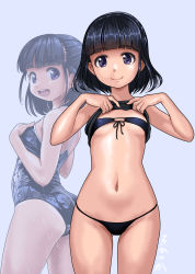 Rule 34 | 1girl, artist name, ass, bikini, black bikini, black eyes, black hair, black one-piece swimsuit, blunt bangs, clothes lift, commentary request, competition school swimsuit, cowboy shot, flat chest, front-tie top, half updo, highres, looking at viewer, multiple views, navel, one-piece swimsuit, open mouth, original, rohitsuka, round teeth, school swimsuit, shirt lift, short hair, smile, swimsuit, teeth, upper teeth only, wet, wet clothes, wet swimsuit
