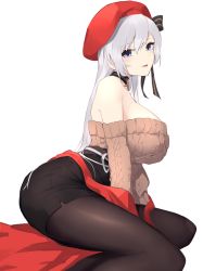 Rule 34 | 1girl, aran sweater, azur lane, bare shoulders, belfast (azur lane), belfast (shopping with the head maid) (azur lane), beret, black pantyhose, breasts, brown sweater, cable knit, choker, hat, highres, large breasts, long hair, looking at viewer, off-shoulder sweater, off shoulder, open mouth, pantyhose, purple eyes, red hat, sideboob, silver hair, sitting, smile, solo, stardust-kun, sweater