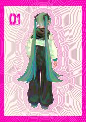 Rule 34 | 1girl, absurdres, adapted costume, arms at sides, black pants, black sailor collar, border, commentary, english commentary, facing away, from behind, full body, green hair, hair ornament, hatsune miku, highres, long hair, long sleeves, n00dlesandwitch, outline, pants, parted hair, pink border, pink outline, sailor collar, shirt, solo, standing, twintails, very long hair, vocaloid, white background, white shirt