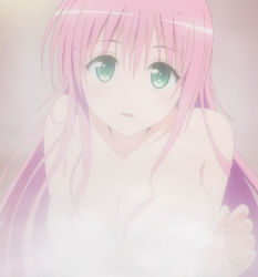 Rule 34 | 10s, 1girl, censored nipples, convenient censoring, gradient background, green eyes, highres, lala satalin deviluke, long hair, nude, pink hair, screencap, solo, to love-ru, to love-ru darkness