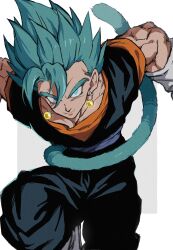 Rule 34 | absurdres, biceps, blue eyes, blue hair, blue tail, closed mouth, collarbone, dougi, dragon ball, dragon ball super, earrings, gloves, grey background, grey sash, hair between eyes, highres, jewelry, leaning forward, leg up, looking at viewer, monkey tail, muscular, muscular male, orange shirt, pectorals, potara earrings, relio db318, sash, shirt, short sleeves, simple background, smile, spiked hair, super saiyan, super saiyan blue, tail, two-tone background, v-shaped eyebrows, vegetto, white background, white gloves
