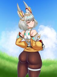 Rule 34 | 1girl, absurdres, animal ears, ass, bare shoulders, blush, breasts, cat ears, come hither, facial mark, from behind, highres, huge ass, looking at viewer, looking back, medium breasts, nia (blade) (xenoblade), nia (xenoblade), pantyhose, shiny clothes, shiny skin, short hair, sideboob, sleepiitreat, smile, solo, xenoblade chronicles (series), xenoblade chronicles 2, xenoblade chronicles 3, yellow eyes