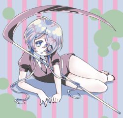 Rule 34 | 1other, amimi, androgynous, barefoot, crystal hair, gem uniform (houseki no kuni), ghost quartz (houseki no kuni), hair over one eye, houseki no kuni, looking at viewer, lying, necktie, on side, scythe, short hair, grey eyes, silver hair, solo, striped, striped background