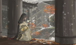 Rule 34 | 1girl, alphonse (white datura), architecture, autumn leaves, bad id, bad pixiv id, black hair, day, divine child of rejuvenation, east asian architecture, closed eyes, hair tie, long hair, outdoors, pinwheel, rinfu, sekiro: shadows die twice, sitting, snowing, solo, very long hair, wide sleeves