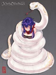 Rule 34 | 1girl, animal, blue hair, blush, breasts, cleavage, clenched teeth, commission, constriction, forked tongue, giant snake, hair between eyes, ooshio7734, original, oversized animal, red eyes, second-party source, sidelocks, skeb commission, snake, snake bondage, teeth, tongue, white snake