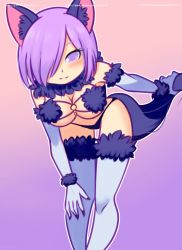 Rule 34 | 1girl, animal ears, bikini, blush, breasts, claws, cleavage, collar, drantyno, elbow gloves, fate/grand order, fate (series), female focus, fur-trimmed gloves, fur-trimmed legwear, fur bikini, fur collar, fur trim, gloves, gradient background, hair over one eye, highres, leaning forward, looking at viewer, mash kyrielight, mash kyrielight (dangerous beast), medium breasts, pink background, purple background, purple bikini, purple eyes, purple hair, revealing clothes, short hair, simple background, smile, solo, standing, swimsuit, tail, thighhighs, two-tone background, white gloves, white thighhighs