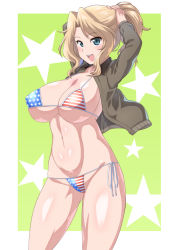 Rule 34 | 1girl, adjusting hair, american flag, american flag bikini, american flag print, arms behind head, arms up, bikini, blonde hair, blue eyes, breasts, cleavage, flag print, girls und panzer, hair up, holding, holding own hair, igarashi (igarashi 346), jacket, kay (girls und panzer), large breasts, long hair, looking at viewer, navel, open clothes, open jacket, open mouth, ponytail, print bikini, smile, solo, star (symbol), swimsuit