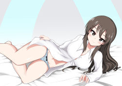 Rule 34 | absurdres, brown eyes, brown hair, girls und panzer, highres, long hair, looking at viewer, mika (girls und panzer), naopon918, navel, open clothes, open shirt, panties, striped clothes, striped panties, underwear