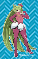 Rule 34 | 1girl, absurdly long hair, artist name, boots, covered mouth, creatures (company), crown, eyelashes, eyeshadow, full body, game freak, gen 7 pokemon, green hair, hand on own hip, high heels, jewelry, long hair, makeup, nail polish, necklace, nintendo, pantyhose, personification, pink footwear, pink nails, pink thighhighs, pokemon, samanator club, simple background, solo, standing, swept bangs, thighhighs, tsareena, turtleneck, very long hair