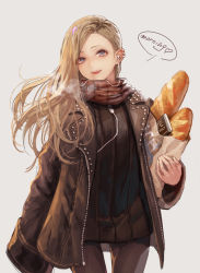 Rule 34 | 1girl, :d, bag, baguette, black dress, black jacket, black pantyhose, blonde hair, blue eyes, bread, breath, brown scarf, chocolate, commentary request, cowboy shot, dress, earbuds, earphones, english text, food, grey background, grocery bag, heart, highres, holding, holding bag, jacket, long hair, long sleeves, okuma mai, open clothes, open jacket, open mouth, original, pantyhose, plaid, plaid scarf, scarf, shopping bag, short dress, simple background, smile, solo, teeth, upper teeth only, wide sleeves