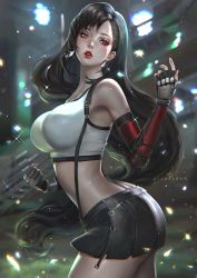 Rule 34 | 1girl, arm guards, armpits, artist name, black hair, blurry, blurry background, crop top, earrings, eyelashes, final fantasy, final fantasy vii, final fantasy vii remake, fingerless gloves, gloves, jewelry, long hair, looking at viewer, navel, parted lips, pleated skirt, serafleur, skirt, solo, sparkle, stomach, suspenders, tank top, tifa lockhart, very long hair