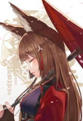 Rule 34 | 1girl, amagi (azur lane), animal ears, azur lane, blunt bangs, breasts, bridal gauntlets, brown gloves, brown hair, choker, closed eyes, closed mouth, coat, fox ears, gloves, hair ornament, highres, holding, holding umbrella, japanese clothes, kimono, large breasts, long hair, oil-paper umbrella, open clothes, open coat, petals, profile, red coat, short eyebrows, solo, thick eyebrows, umbrella, whitecrow4444