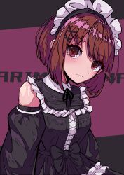 Rule 34 | 1girl, absurdres, arima kana, black background, black bow, black dress, black ribbon, blush, bob cut, bow, character name, closed mouth, collared dress, commentary, detached sleeves, dress, frilled dress, frills, hair ornament, highres, inverted bob, karan koron100, ligne claire, long sleeves, looking at viewer, maid, maid headdress, medium hair, neck ribbon, oshi no ko, puffy sleeves, purple background, red eyes, red hair, ribbon, sidelocks, sleeveless, sleeveless dress, solo, two-tone background, upper body, x hair ornament