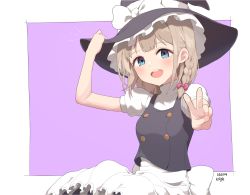 Rule 34 | 1girl, apron, blue eyes, blush, cosplay, dated, hand on headwear, hat, highres, idolmaster, idolmaster shiny colors, kirisame marisa, kirisame marisa (cosplay), light brown hair, looking at viewer, myeolchi, open mouth, purple background, serizawa asahi, short hair, signature, simple background, smile, solo, touhou, upper body, v, witch hat
