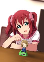 Rule 34 | 10s, 1girl, absurdres, bad id, bad pixiv id, blush, brown hair, eyebrows, green eyes, hair ribbon, highres, in-franchise crossover, koizumi hanayo, kurosawa ruby, love live!, love live! school idol project, love live! sunshine!!, open mouth, red hair, ribbon, school uniform, shirt, siokazunoko, smile, solo, twintails, two side up