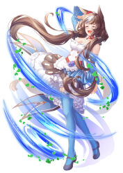 Rule 34 | 1girl, animal ears, arm behind head, arm up, bare shoulders, black footwear, blue thighhighs, blush, breasts, brown hair, closed eyes, commentary request, detached sleeves, dress, ear ornament, flower, frilled dress, frills, full body, horse ears, horse girl, horse tail, long hair, long sleeves, low twintails, mary janes, medium breasts, multicolored hair, open mouth, rukinya (nyanko mogumogu), shoes, simple background, smile, solo, streaked hair, tail, thighhighs, twintails, umamusume, very long hair, white background, white dress, white hair, yamanin zephyr (umamusume)