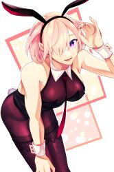 Rule 34 | 1girl, absurdres, adjusting hair, alternate costume, animal ears, bare shoulders, between breasts, black leotard, breasts, brown pantyhose, commentary request, fake animal ears, fake tail, fate/grand order, fate (series), fishnet pantyhose, fishnets, hair over one eye, highres, leotard, looking at viewer, mash kyrielight, medium breasts, morita yuu, necktie, necktie between breasts, one eye covered, open mouth, pantyhose, pink hair, pink nails, playboy bunny, purple eyes, rabbit ears, rabbit tail, red necktie, short hair, sleeveless, smile, solo, tail, wrist cuffs