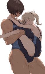 Rule 34 | 1futa, 1girl, blonde hair, blue eyes, breasts, brown hair, bulge, carrying, carrying person, competition school swimsuit, covered penis, dark-skinned female, dark skin, dry humping, erection, erection under clothes, futa with female, futanari, gym uniform, height difference, highres, humping, implied futanari, kei (m k), large breasts, long hair, m k, multiple girls, original, ponytail, red eyes, rika (m k), school swimsuit, short hair, simple background, size difference, standing, sweat, swimsuit, tall, tall female, tan, tomboy