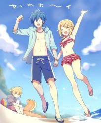 Rule 34 | 1girl, 2boys, ^ ^, akiyoshi (tama-pete), alternate hairstyle, arm up, armpits, ball, bare arms, bare legs, beach, beachball, bikini, bikini skirt, blonde hair, blue male swimwear, blue sky, blue swim trunks, blurry, bracelet, breasts, cleavage, clenched hand, closed eyes, cloud, cup, day, depth of field, drawstring, drinking, drinking straw, frills, front-tie bikini top, front-tie top, grey jacket, hair between eyes, hair bobbles, hair ornament, hairclip, happy, holding hands, hood, hooded jacket, innertube, jacket, jewelry, jumping, kagamine len, kagamine rin, kaito (vocaloid), knees up, looking at viewer, low twintails, male swimwear, multiple boys, navel, necklace, ocean, on ground, open clothes, open jacket, outdoors, pectorals, ponytail, red bikini, ring, sand, sandals, short hair, short sleeves, short twintails, sitting, sky, sleeves past elbows, small breasts, smile, stomach, striped bikini, striped clothes, summer, swept bangs, swim ring, swim trunks, swimsuit, twintails, vocaloid