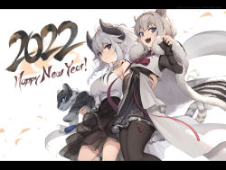 Rule 34 | 2022, 2girls, animal, animal ears, asicah, black bodysuit, black legwear, black skirt, blue eyes, bodysuit, breasts, cape, closed mouth, commentary request, cowboy shot, fingerless gloves, gloves, grey hair, happy new year, highres, holding, holding animal, horns, large breasts, letterboxed, long hair, looking at viewer, multiple girls, new year, original, pantyhose, ponytail, purple eyes, shirt, simple background, skirt, smile, tail, tiger &amp; bunny, tiger ears, tiger tail, waist cape, white background, white cape, white shirt